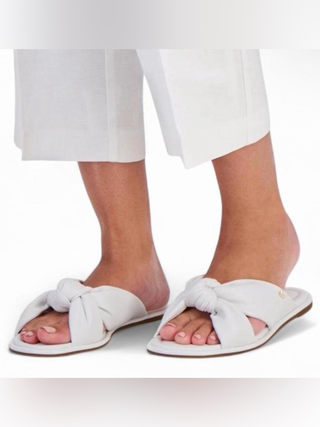 Michael Kors Elena Flat Slide Optic White Leather Bow Sandals Women’s Us 6